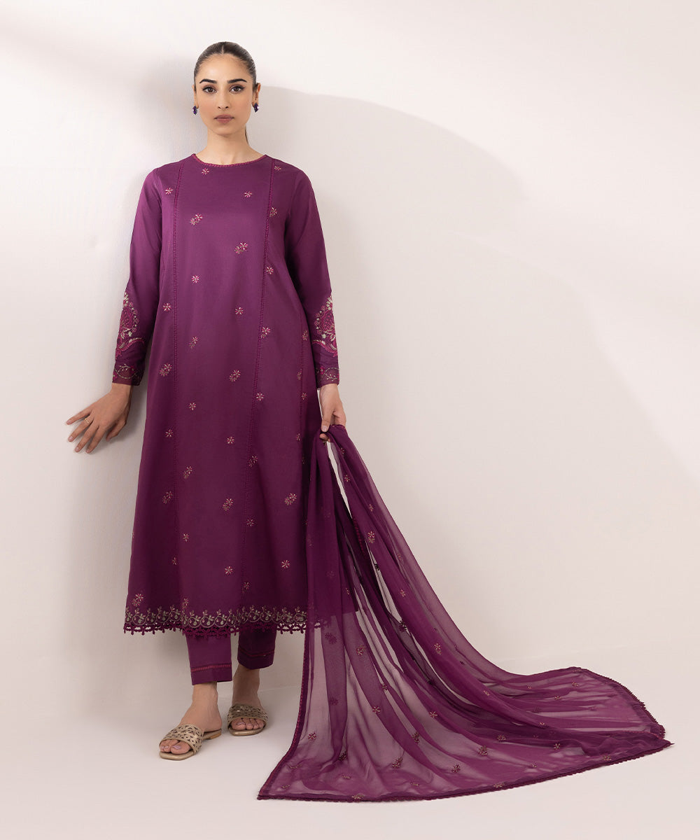 Women's Unstitched Cambric Embroidered Purple 3 Piece Suit