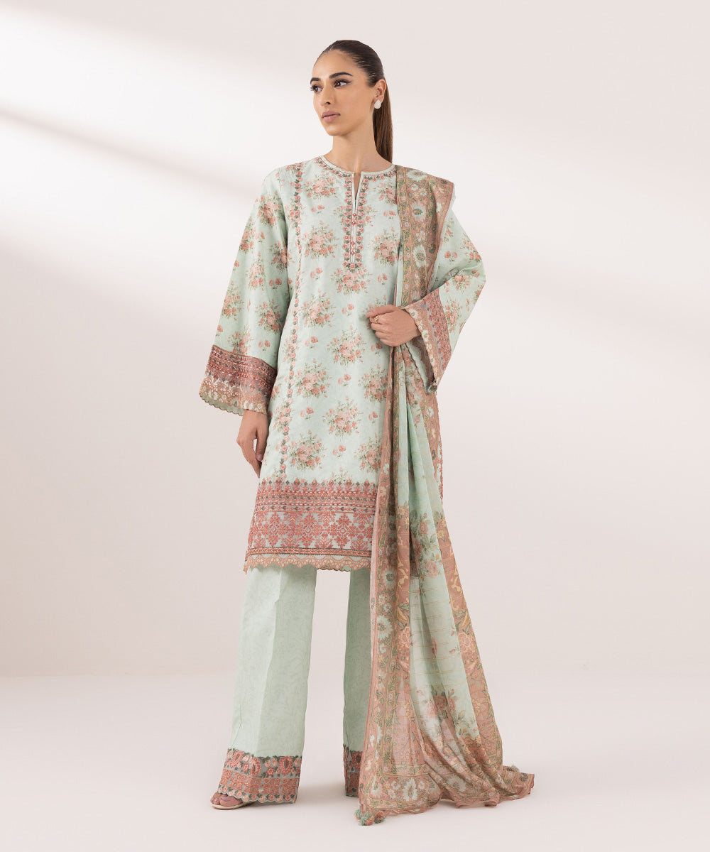 Women's Unstitched Cambric Embroidered Green 3 Piece Suit