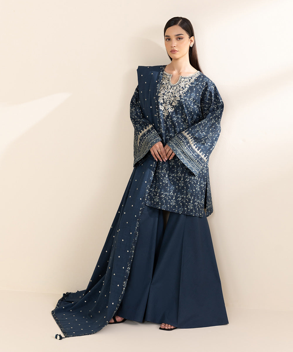 Women's Unstitched Dobby Blue Embroidered 3 Piece Suit 