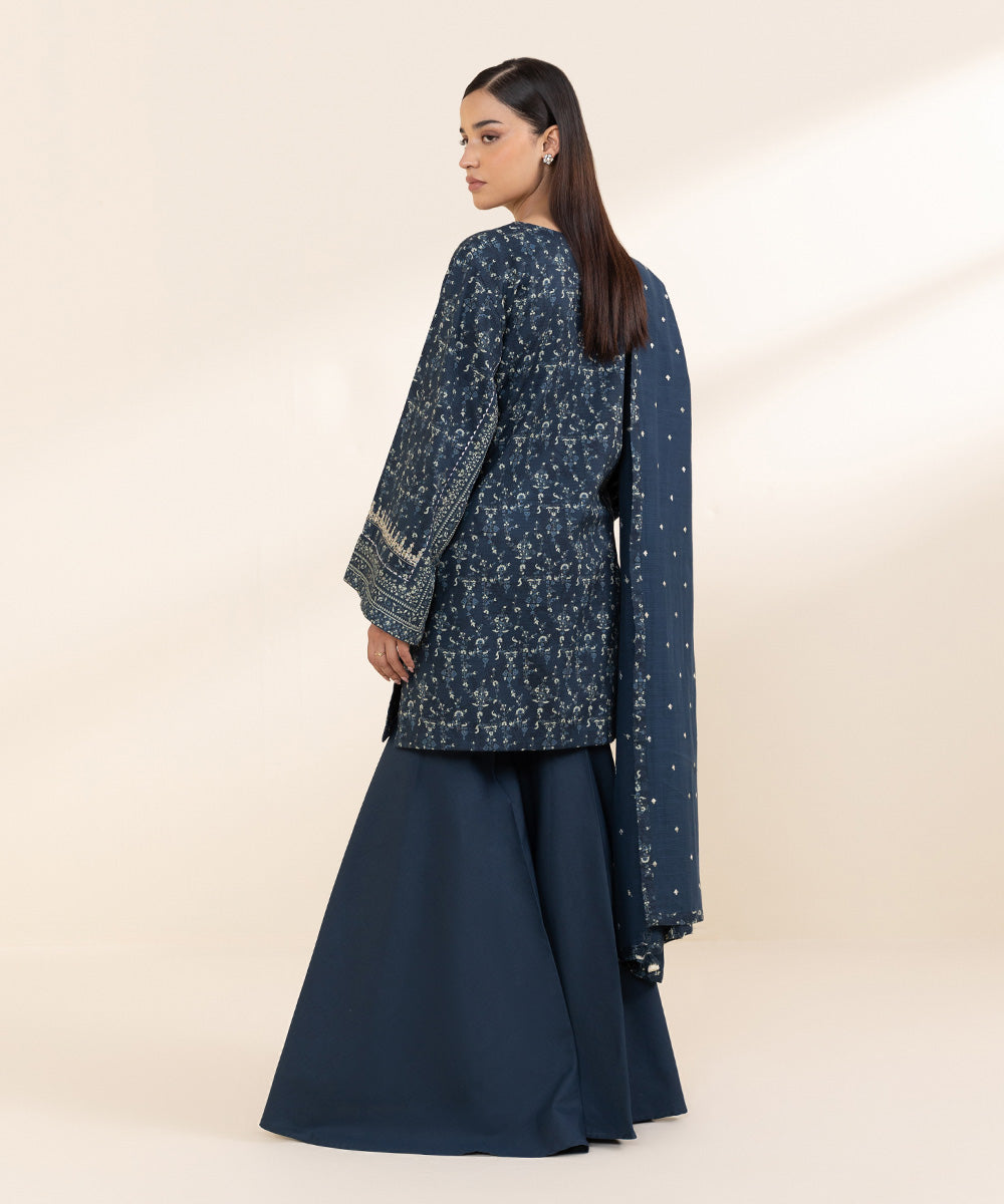 Women's Unstitched Dobby Blue Embroidered 3 Piece Suit 