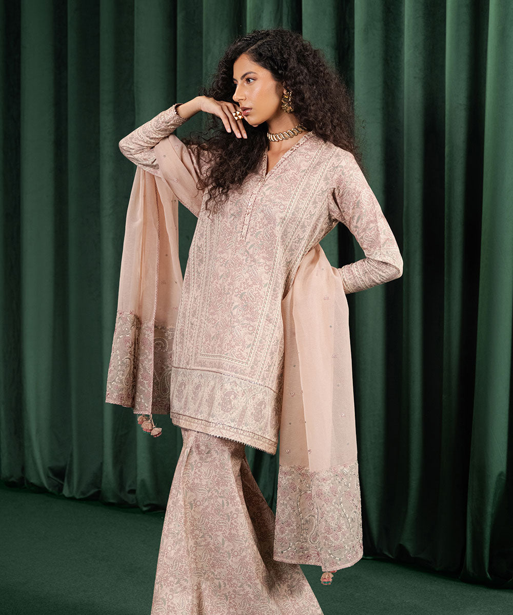 Women's Unstitched Fine Cotton Satin Embroidered Pink 3 Piece Suit