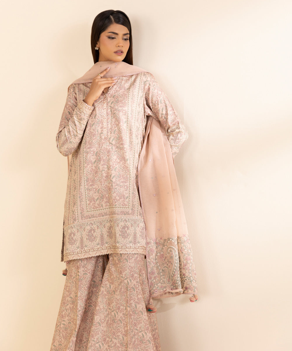 Women's Unstitched Fine Cotton Satin Embroidered Pink 3 Piece Suit