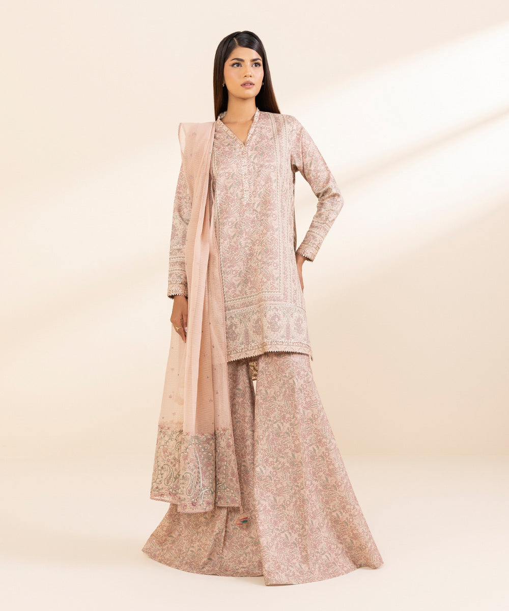 Women's Unstitched Fine Cotton Satin Embroidered Pink 3 Piece Suit