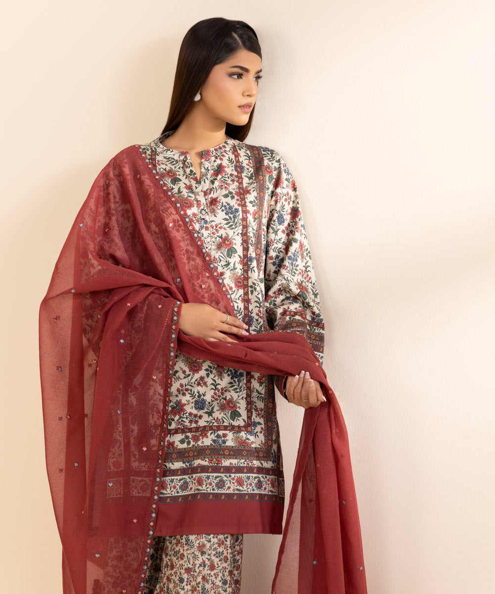 Women's Unstitched Fine Cotton Satin Embroidered Multi 3 Piece Suit