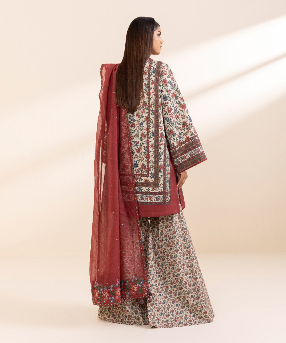 Women's Unstitched Fine Cotton Satin Embroidered Multi 3 Piece Suit