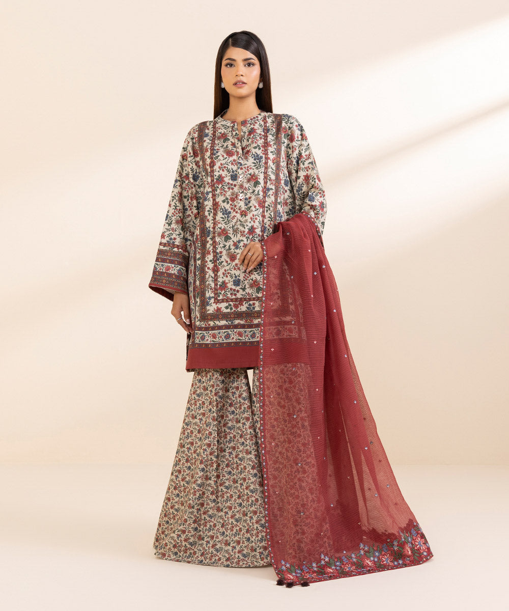 Women's Unstitched Fine Cotton Satin Embroidered Multi 3 Piece Suit