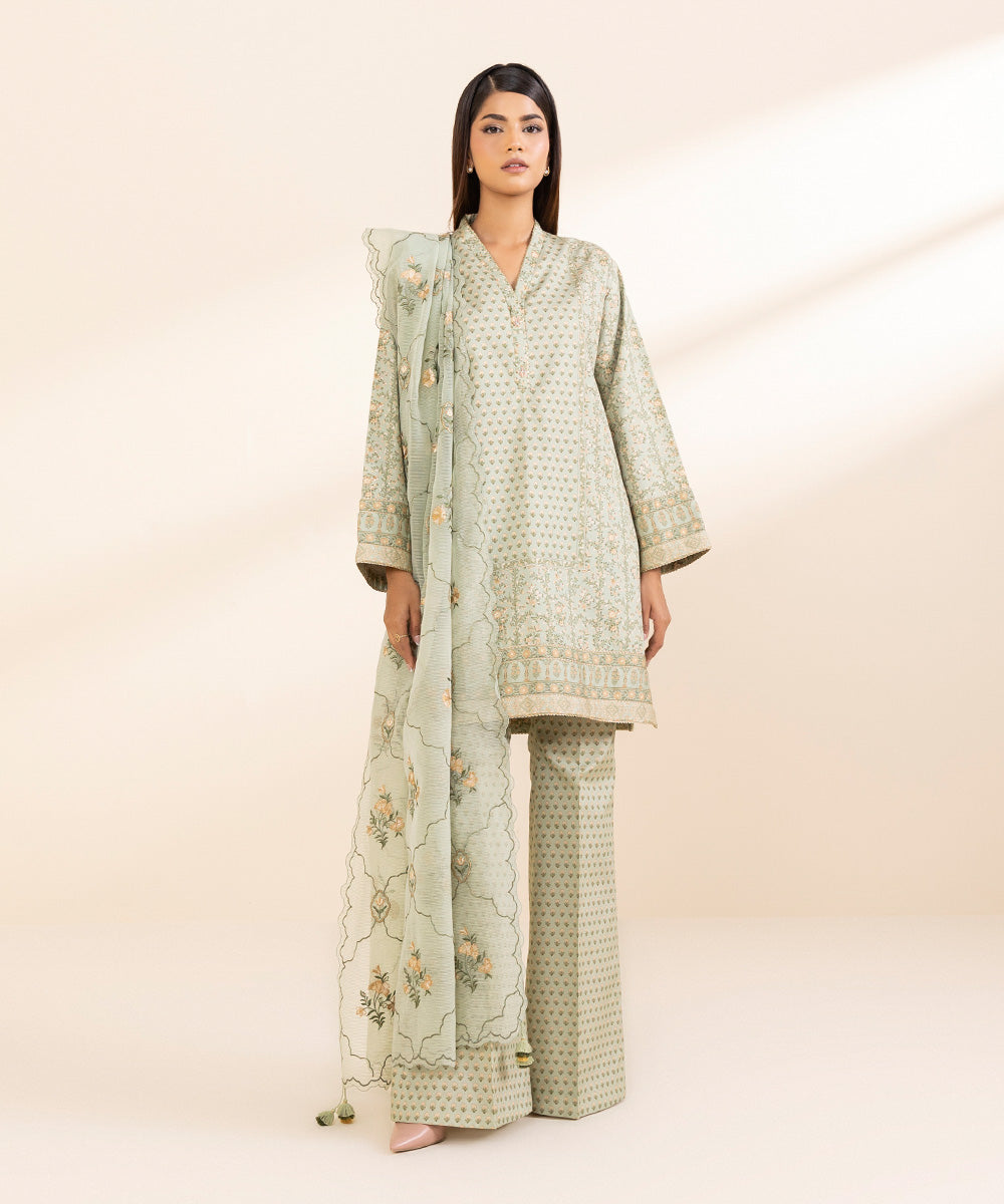 Women's Unstitched Fine Cotton Satin Embroidered Grey 3 Piece Suit