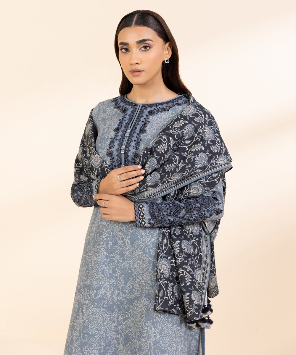 Women's Unstitched Khaddar Embroidered Blue 3 Piece Suit