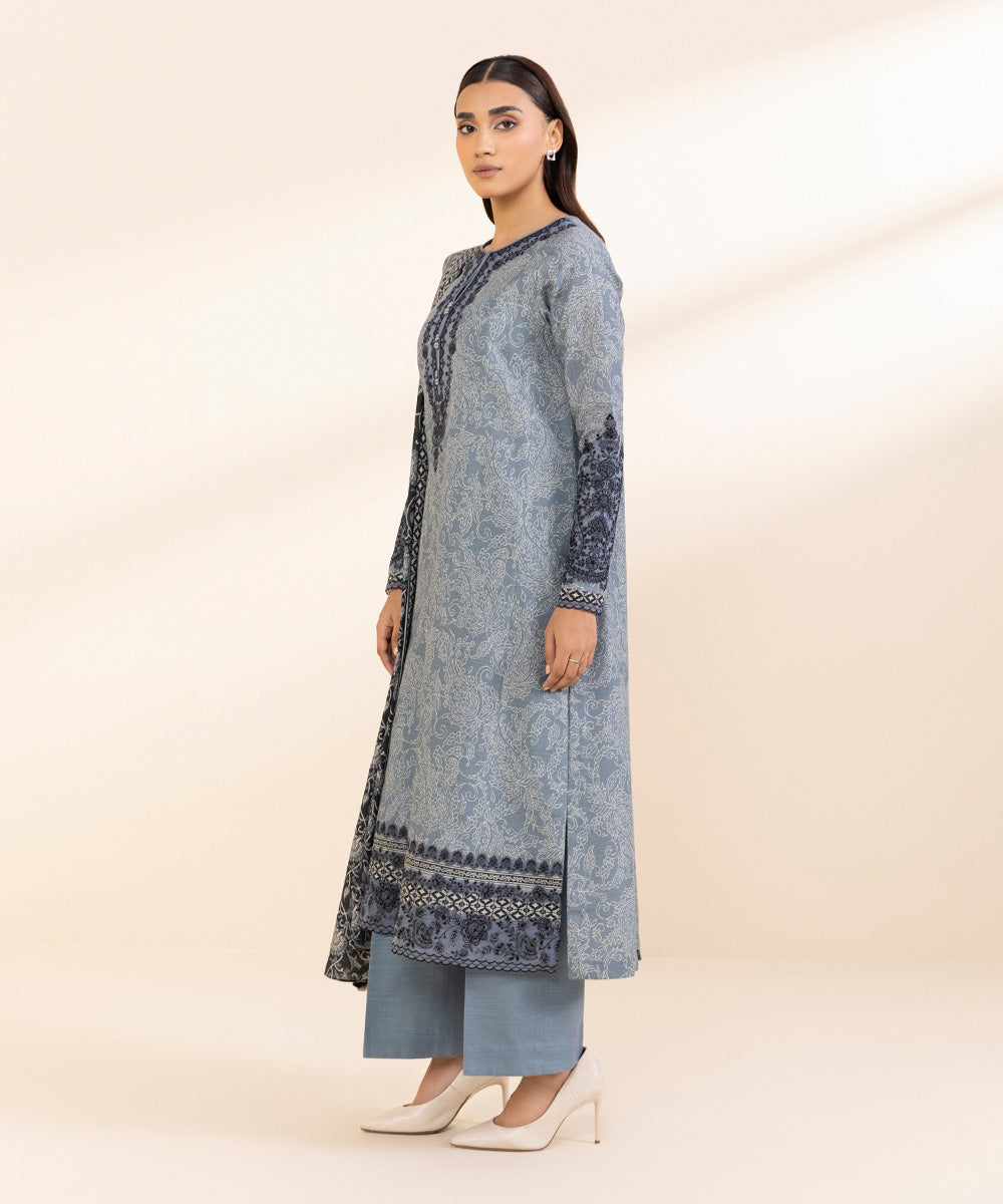 Women's Unstitched Khaddar Embroidered Blue 3 Piece Suit