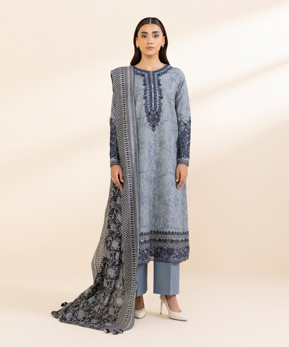 Women's Unstitched Khaddar Embroidered Blue 3 Piece Suit