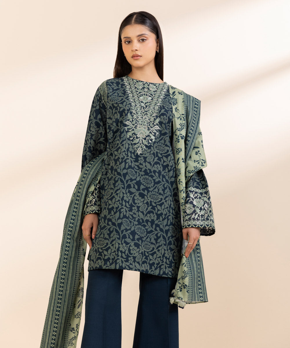 Women's Unstitched Khaddar Embroidered Green 3 Piece Suit