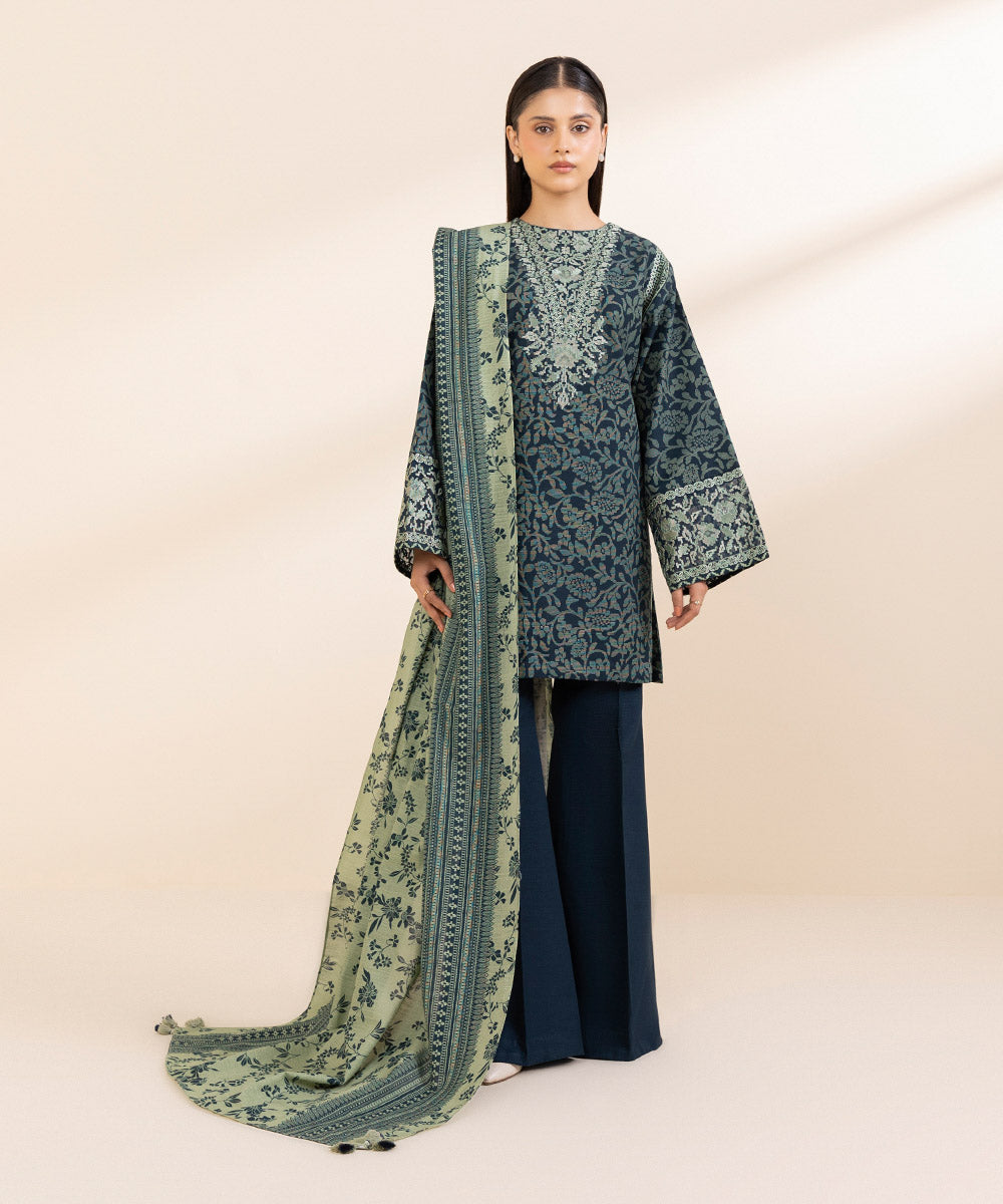 Women's Unstitched Khaddar Embroidered Green 3 Piece Suit