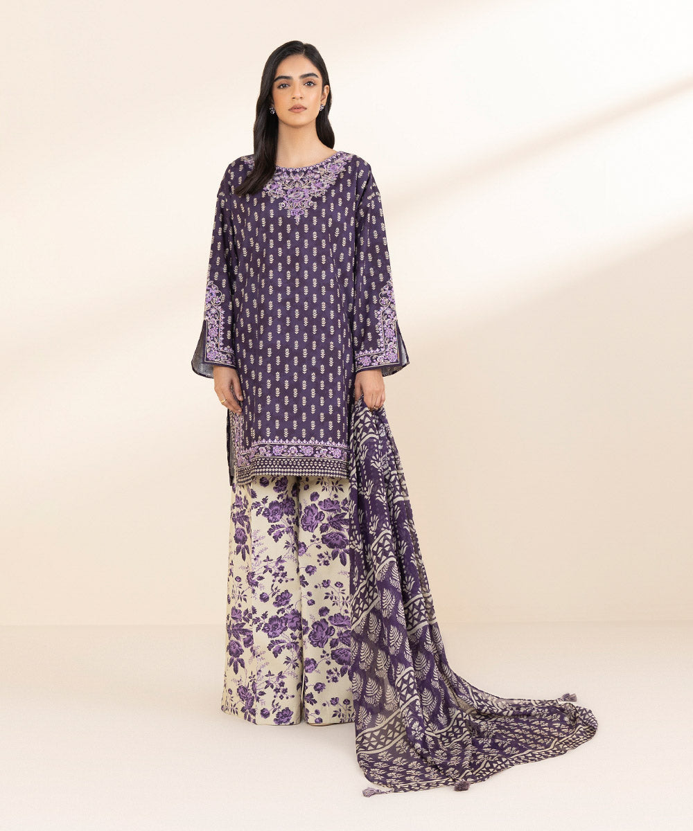 Women's Unstitched Lawn Embroidered Purple 3 Piece Suit