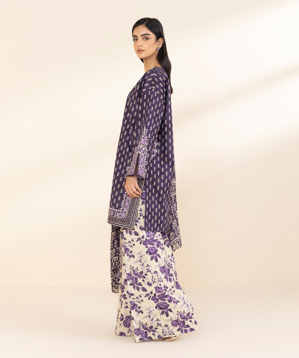 Women's Unstitched Lawn Embroidered Purple 3 Piece Suit