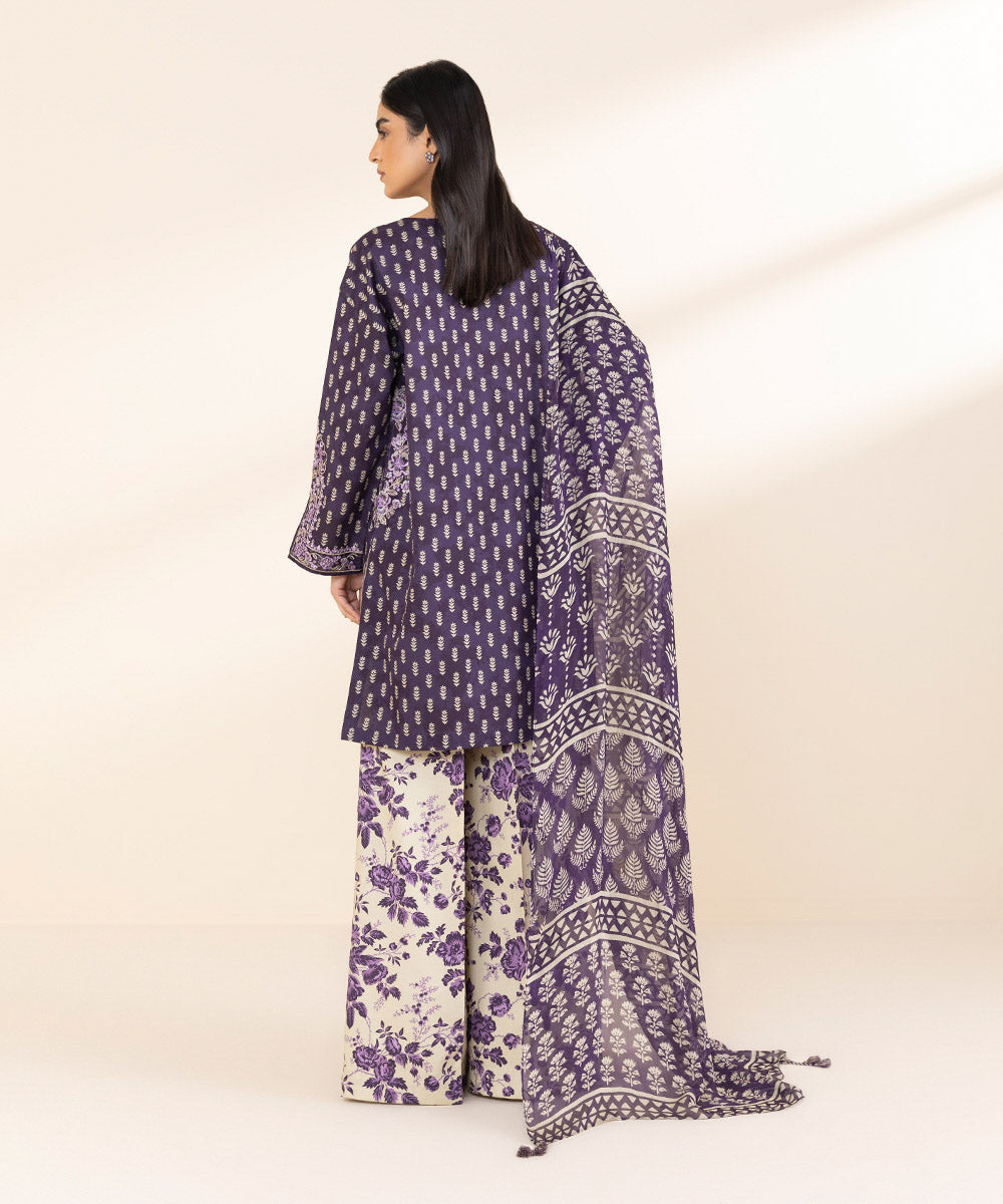 Women's Unstitched Lawn Embroidered Purple 3 Piece Suit