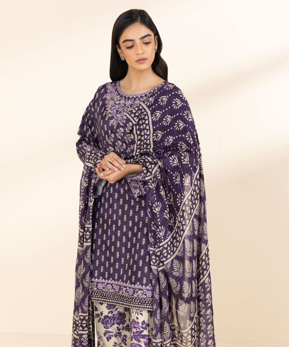 Women's Unstitched Lawn Embroidered Purple 3 Piece Suit