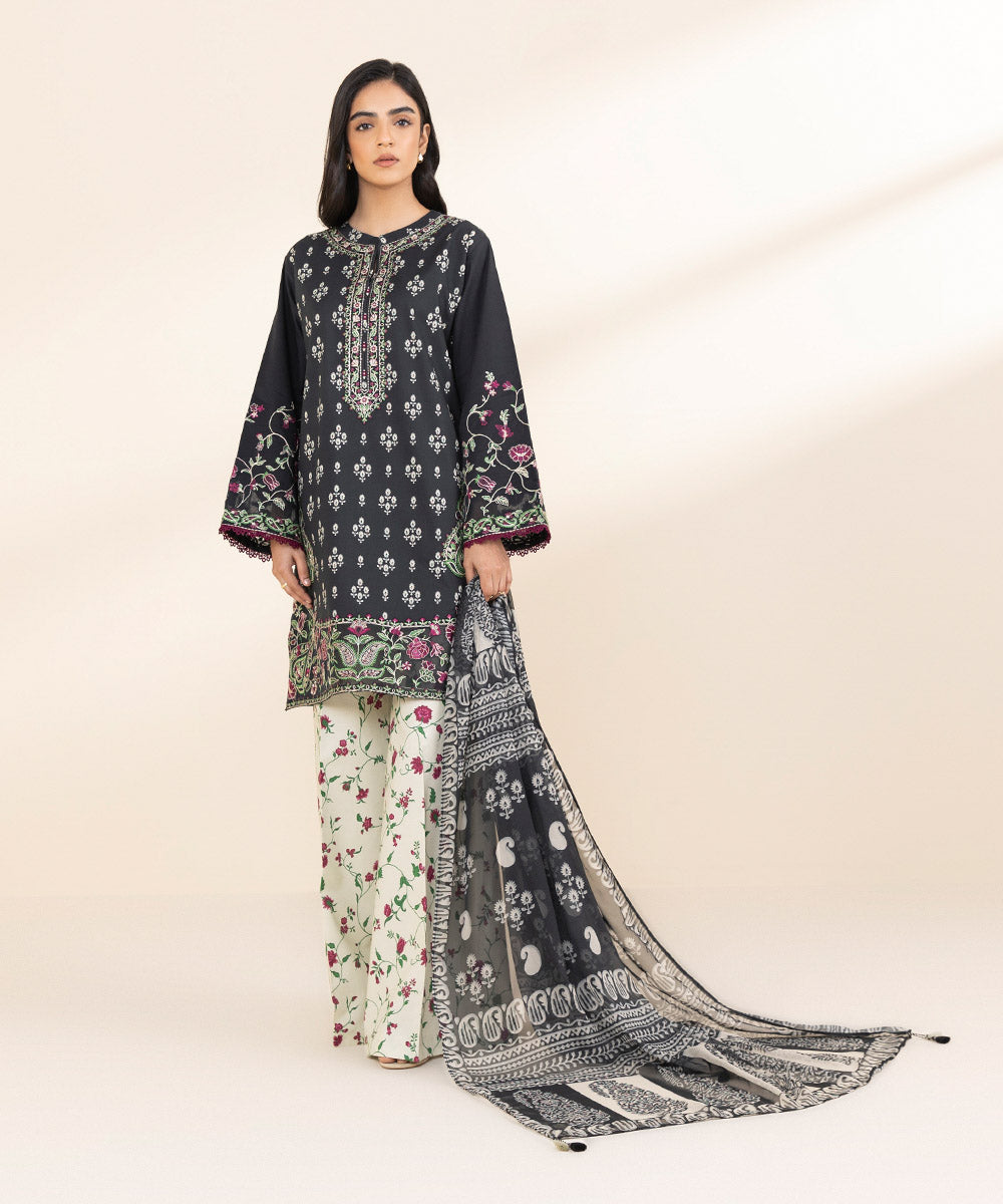 Women's Unstitched Lawn Embroidered Black 3 Piece Suit