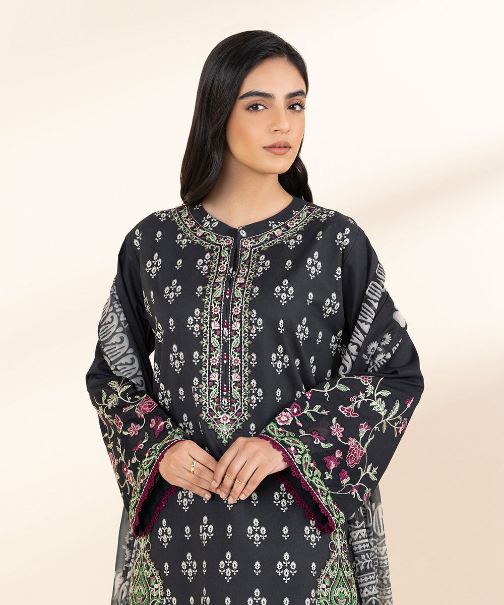 Women's Unstitched Lawn Embroidered Black 3 Piece Suit