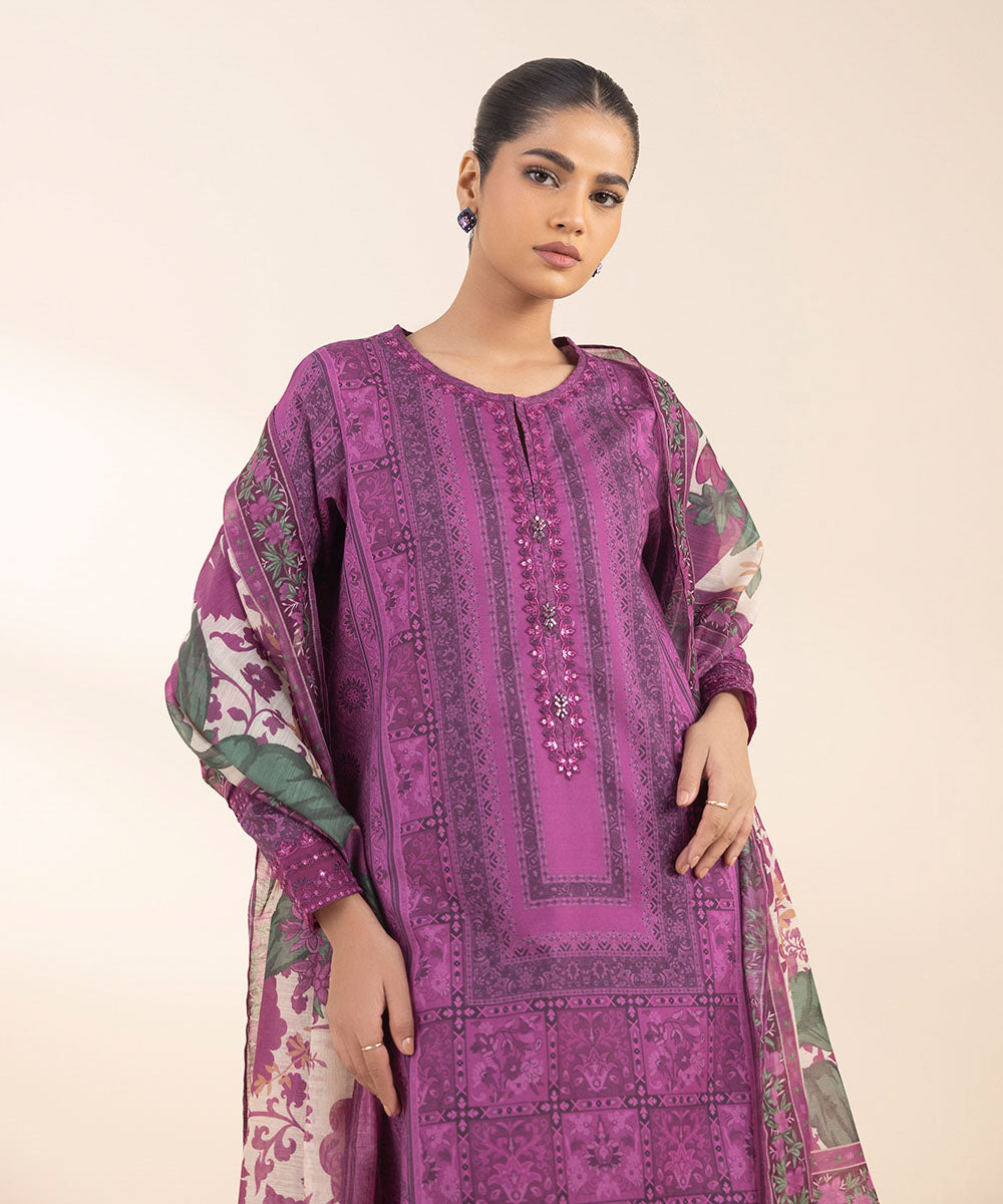 Women's Unstitched Lawn Embroidered Purple 3 Piece Suit