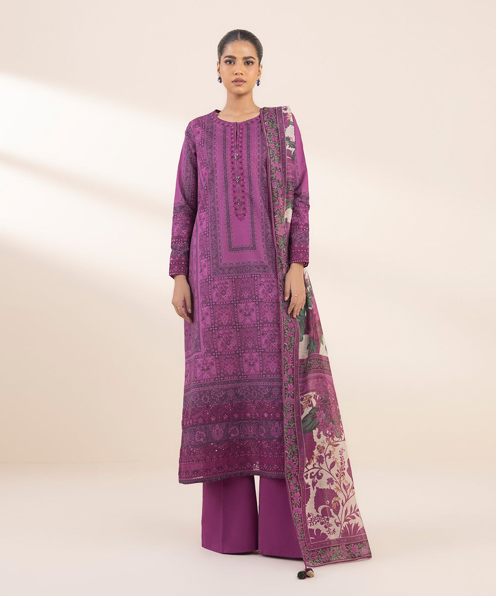 Women's Unstitched Lawn Embroidered Purple 3 Piece Suit