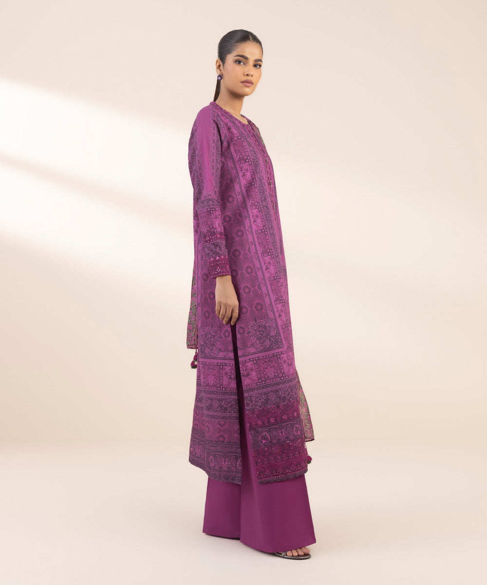 Women's Unstitched Lawn Embroidered Purple 3 Piece Suit