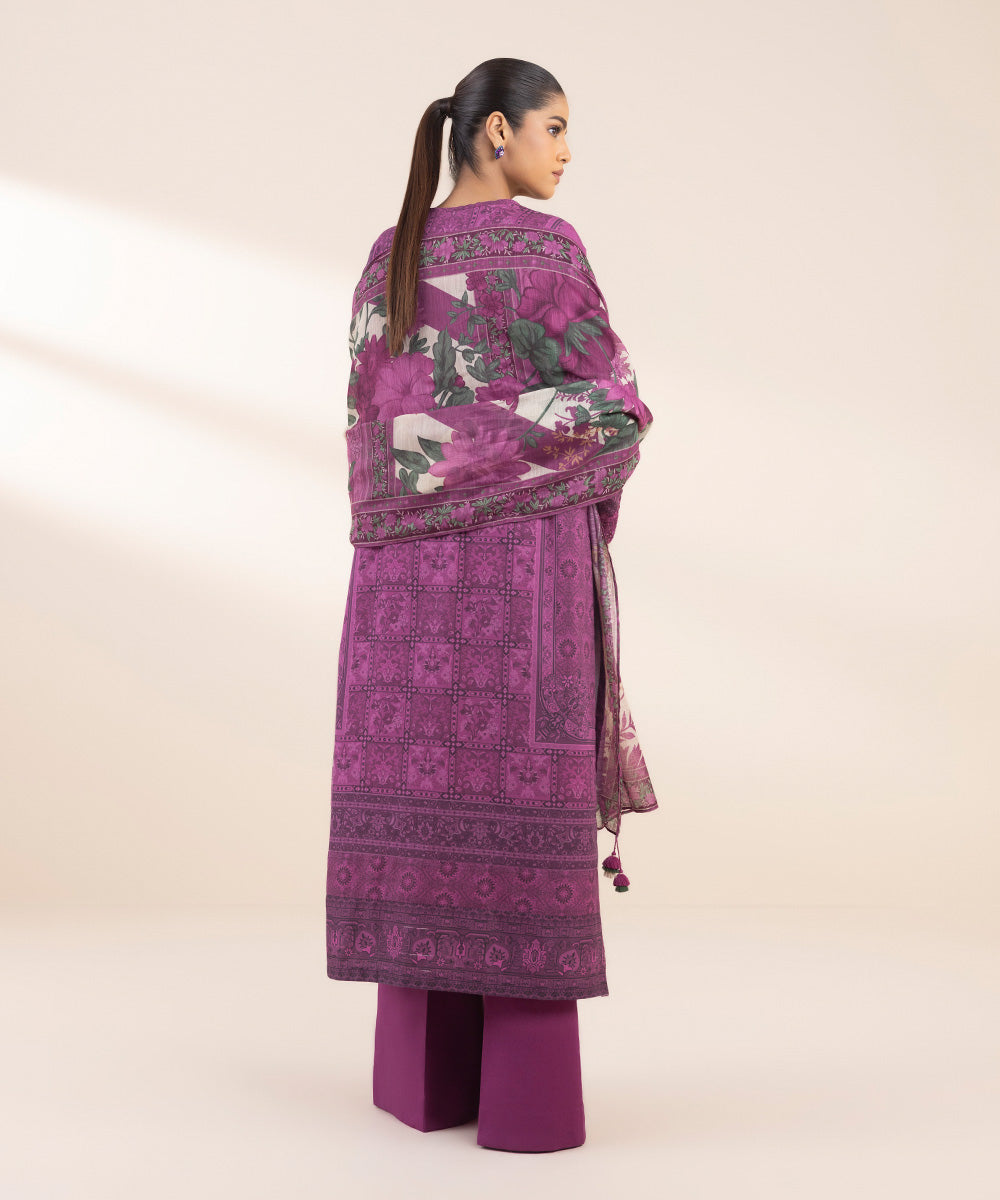 Women's Unstitched Lawn Embroidered Purple 3 Piece Suit