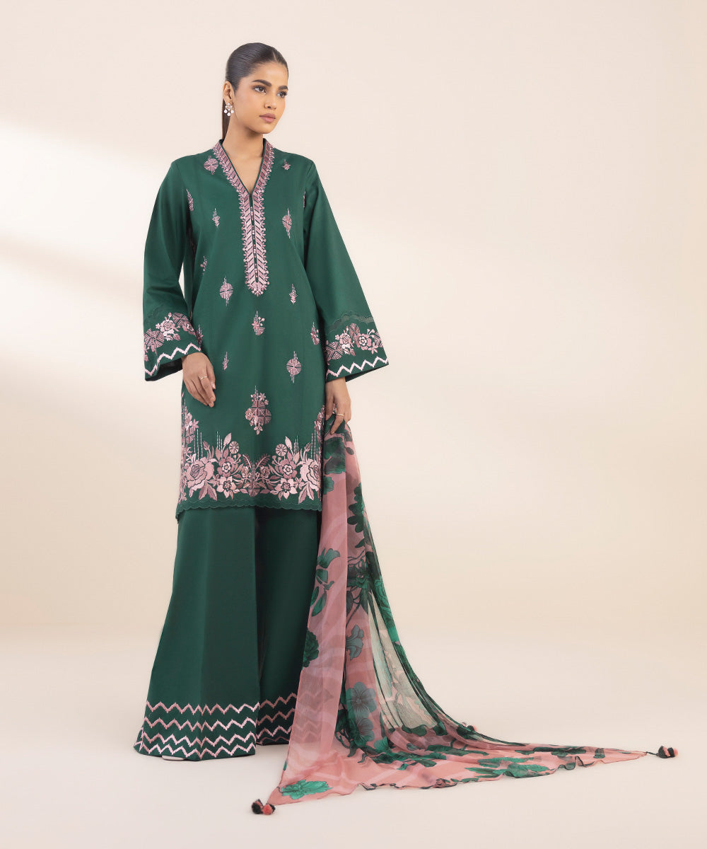 Women's Unstitched Lawn Embroidered Green 3 Piece Suit