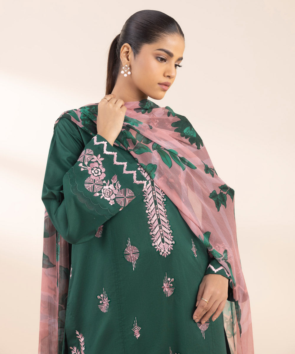 Women's Unstitched Lawn Embroidered Green 3 Piece Suit