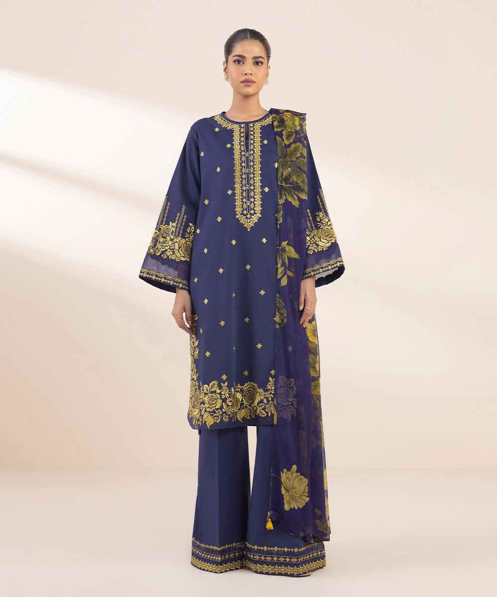 Women's Unstitched Cotton Embroidered Blue 3 Piece Suit