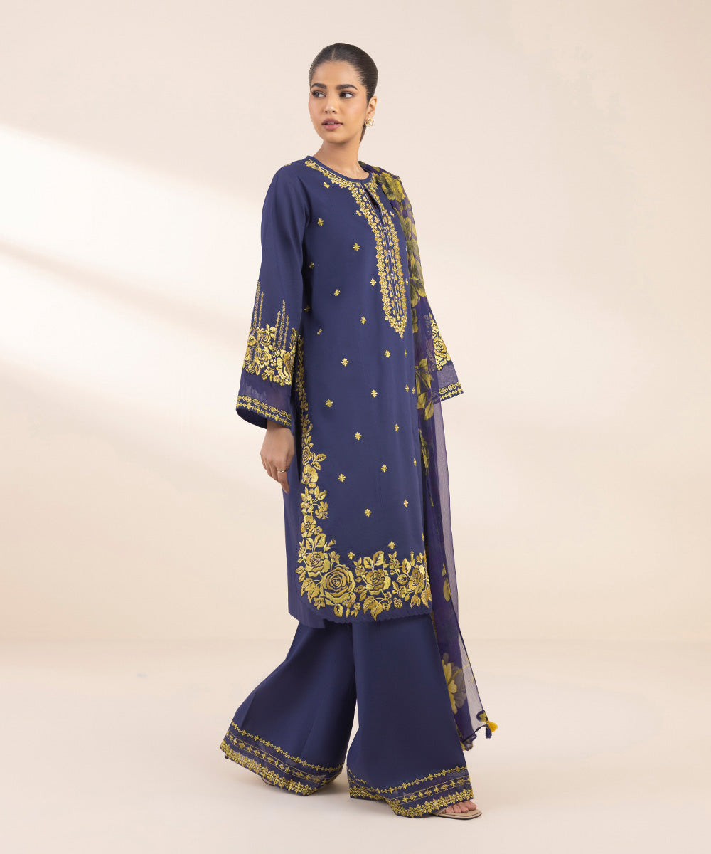 Women's Unstitched Cotton Embroidered Blue 3 Piece Suit