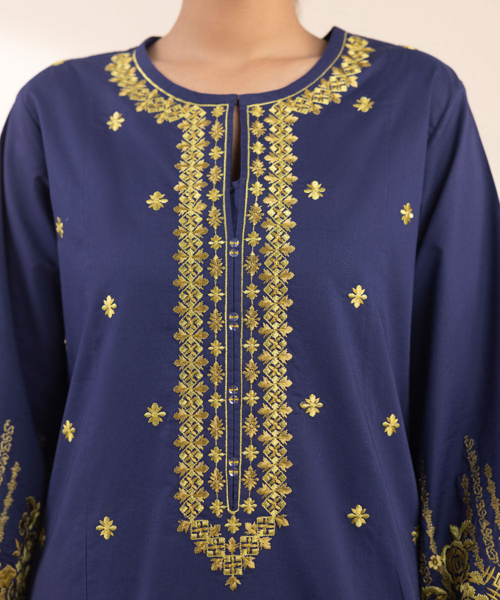 Women's Unstitched Cotton Embroidered Blue 3 Piece Suit