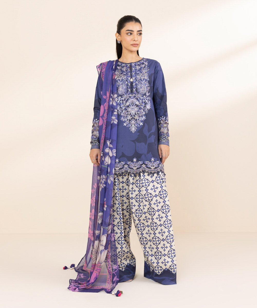 Women's Unstitched Lawn Embroidered Blue 3 Piece Suit