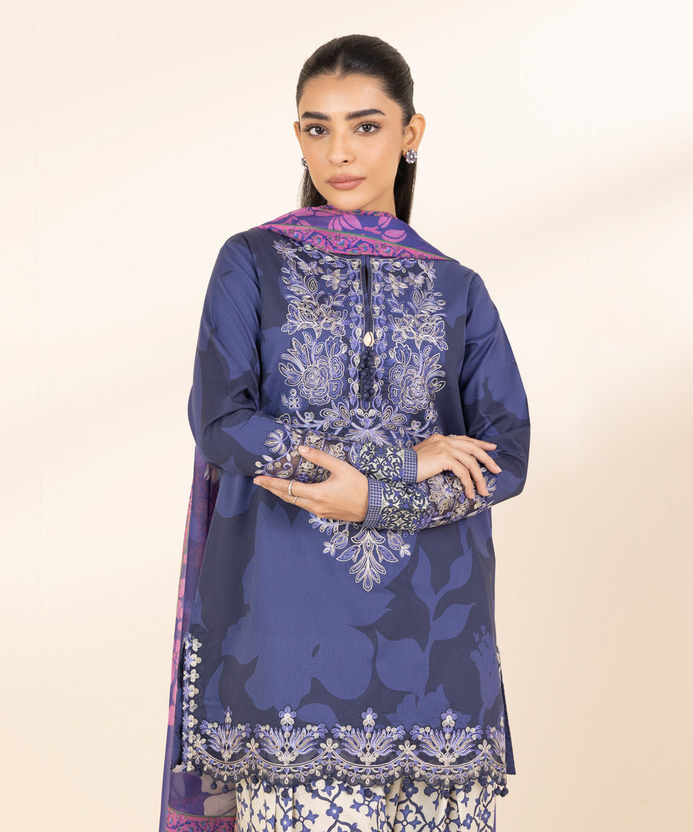 Women's Unstitched Lawn Embroidered Blue 3 Piece Suit