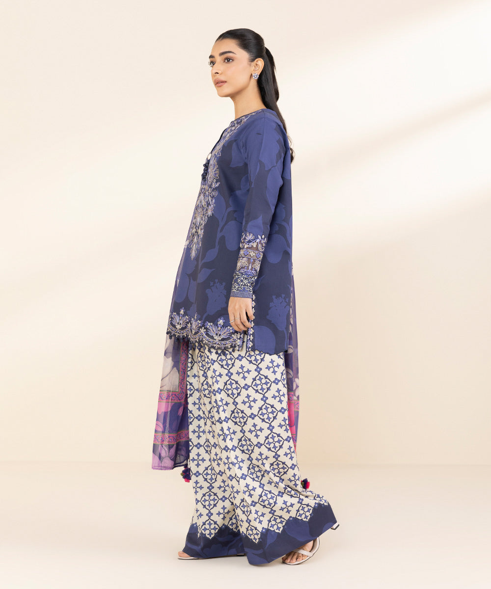 Women's Unstitched Lawn Embroidered Blue 3 Piece Suit