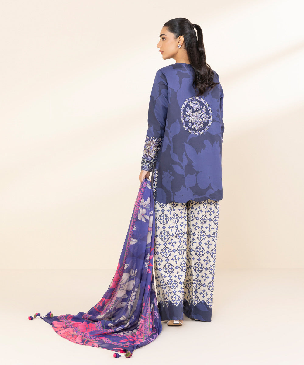 Women's Unstitched Lawn Embroidered Blue 3 Piece Suit