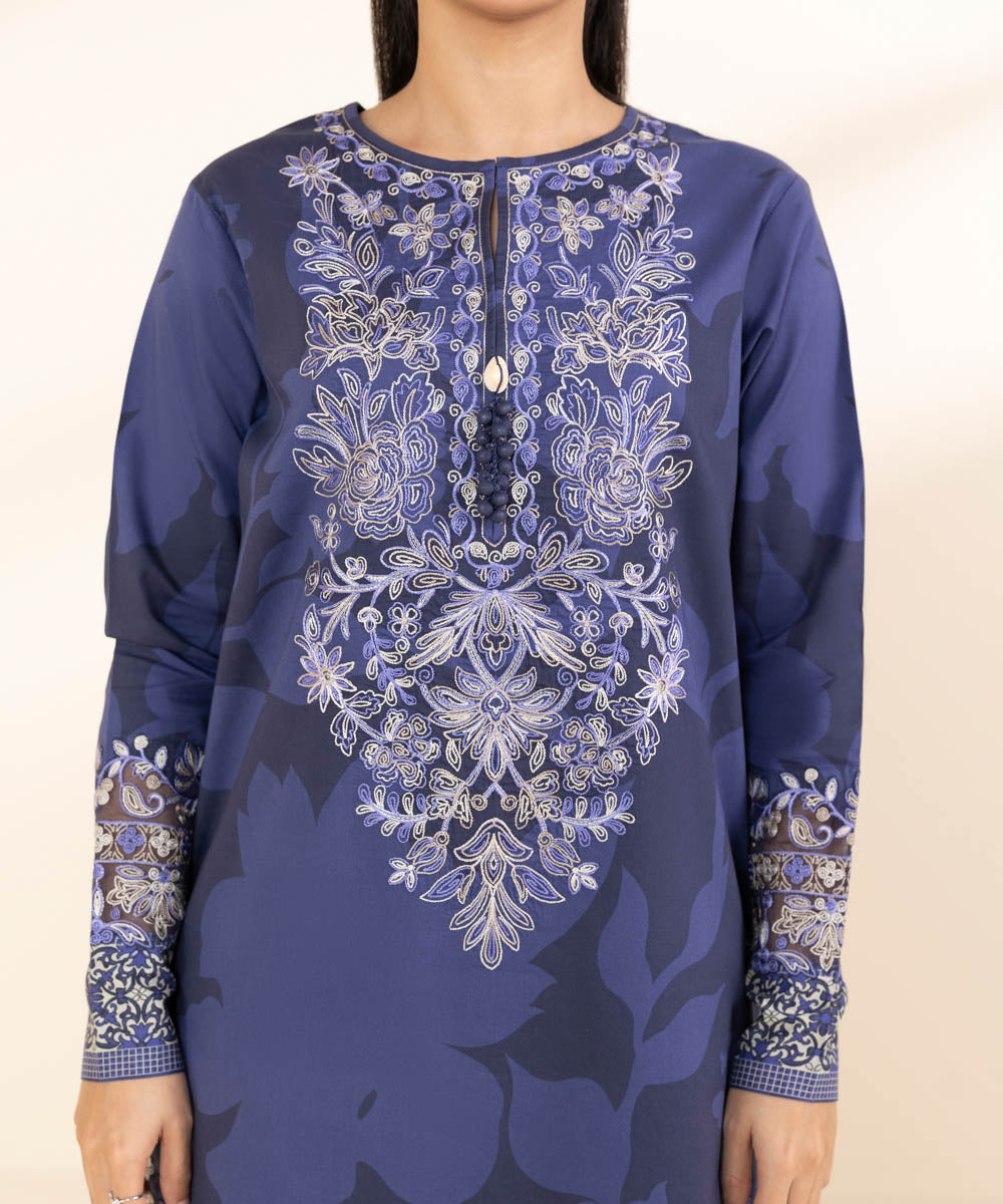 Women's Unstitched Lawn Embroidered Blue 3 Piece Suit