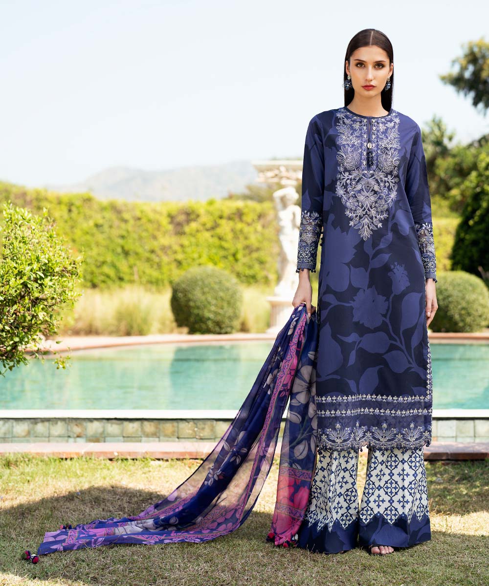 Women's Unstitched Lawn Embroidered Blue 3 Piece Suit