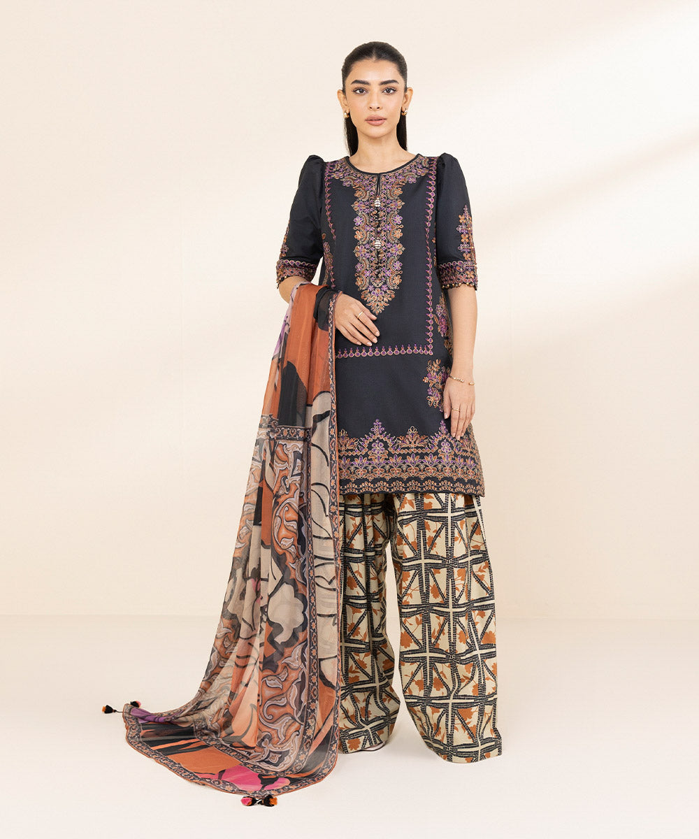 Women's Unstitched Lawn Embroidered Black 3 Piece Suit