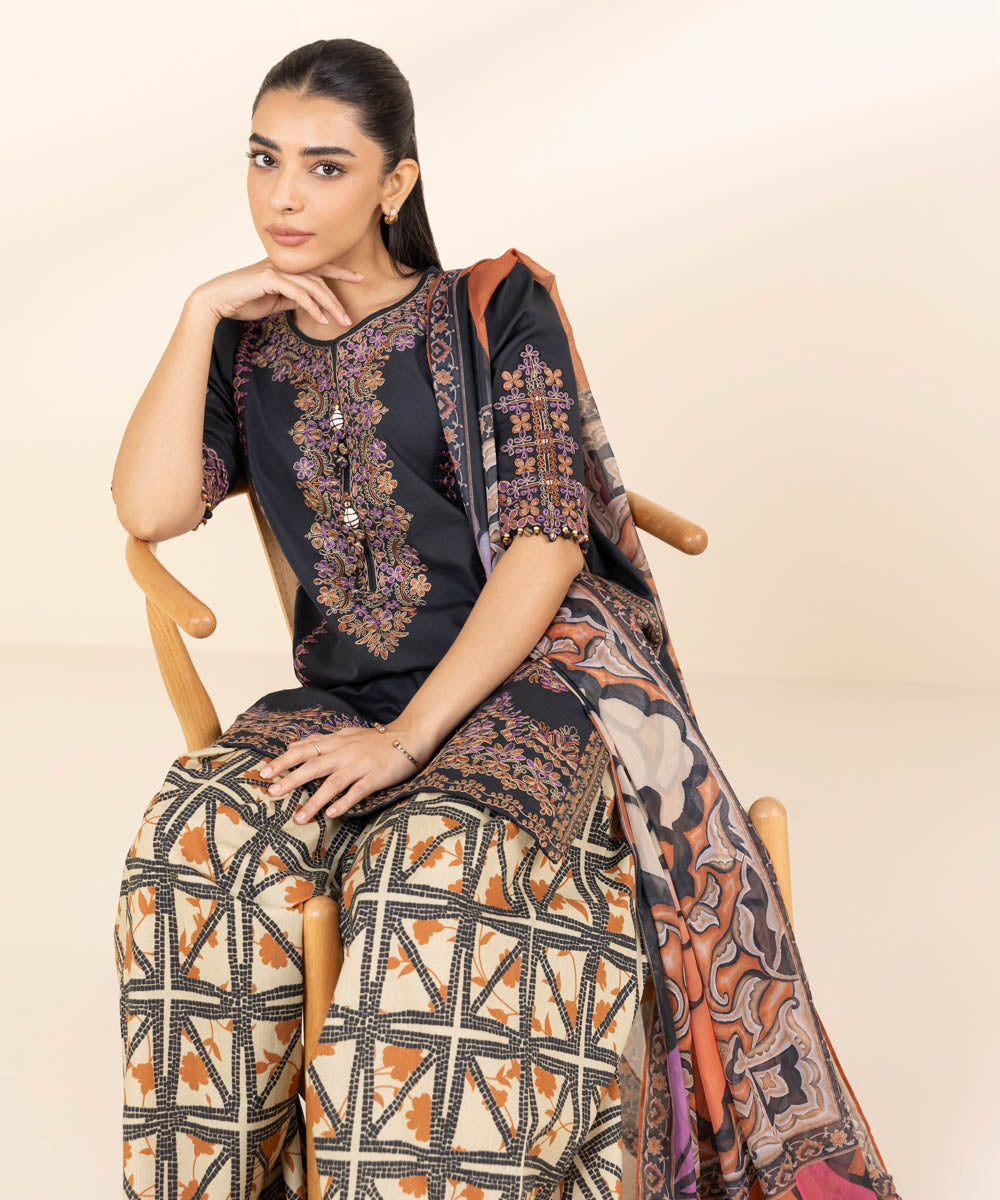 Women's Unstitched Lawn Embroidered Black 3 Piece Suit