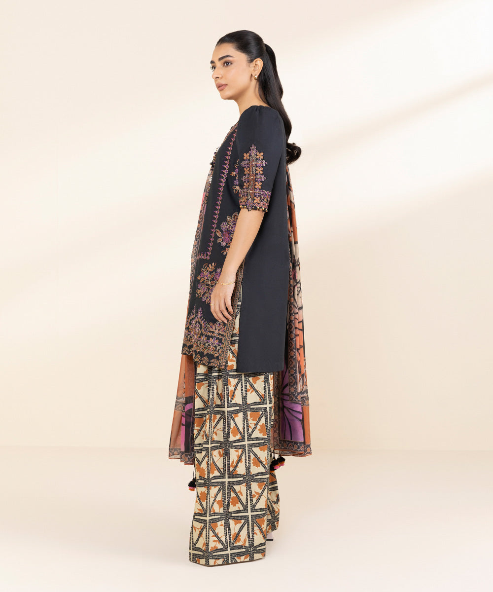 Women's Unstitched Lawn Embroidered Black 3 Piece Suit