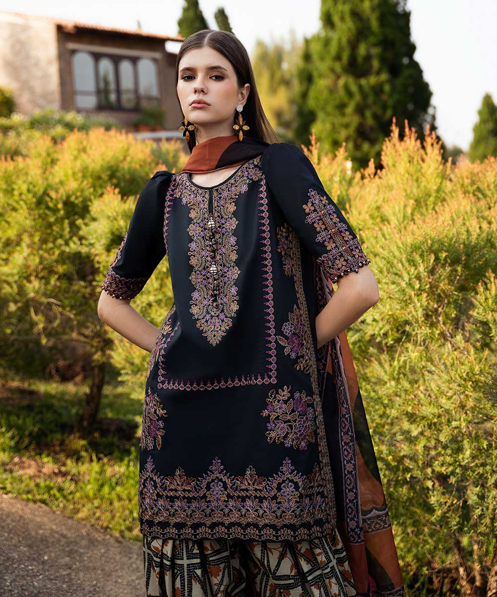 Women's Unstitched Lawn Embroidered Black 3 Piece Suit