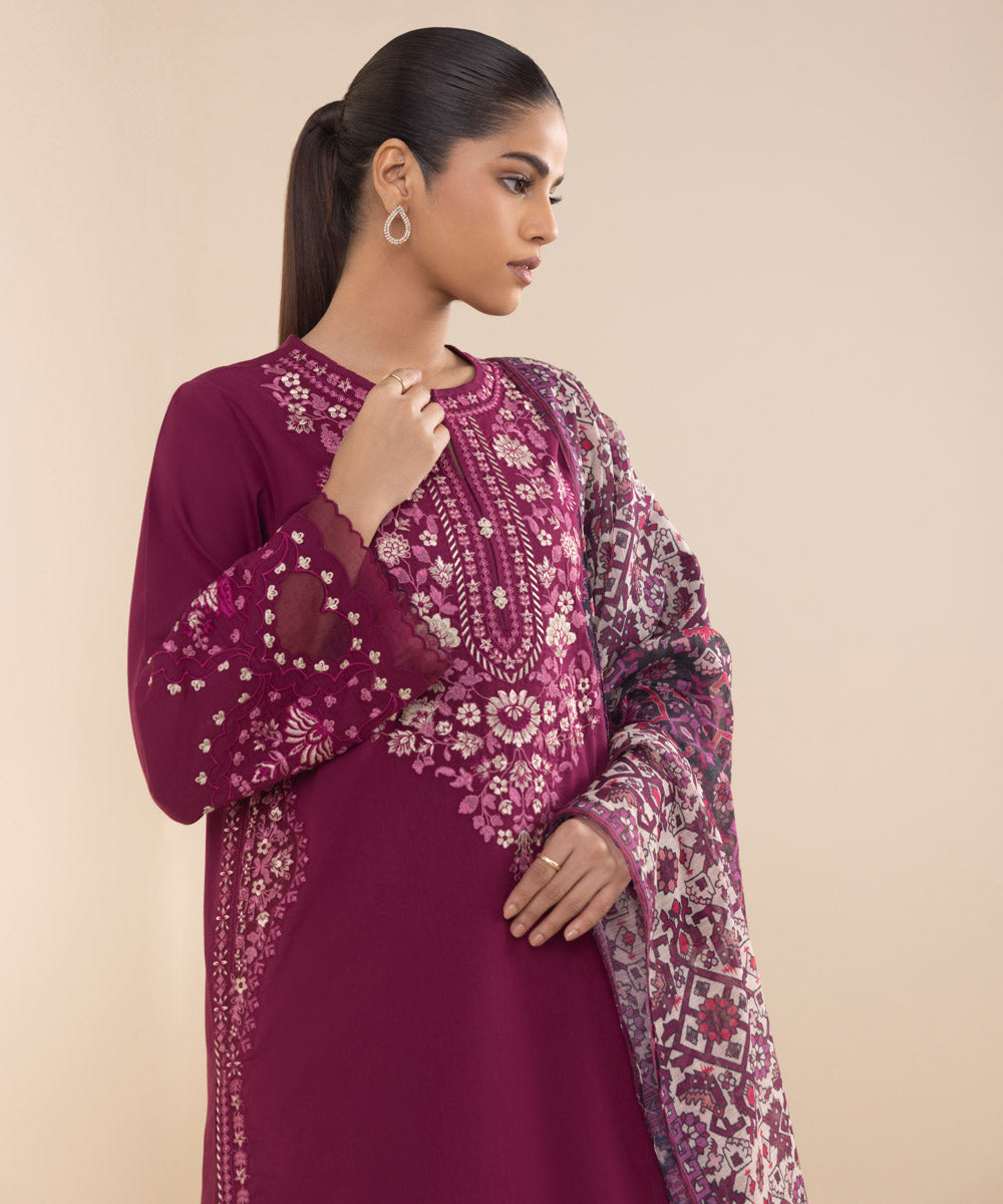 Women's Unstitched Lawn Embroidered Pink 3 Piece Suit