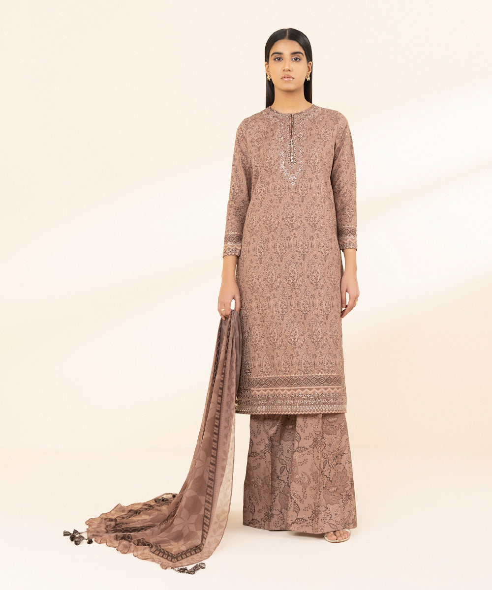 Unstitched Women's Embroidered Lawn Brown Three Piece Suit 