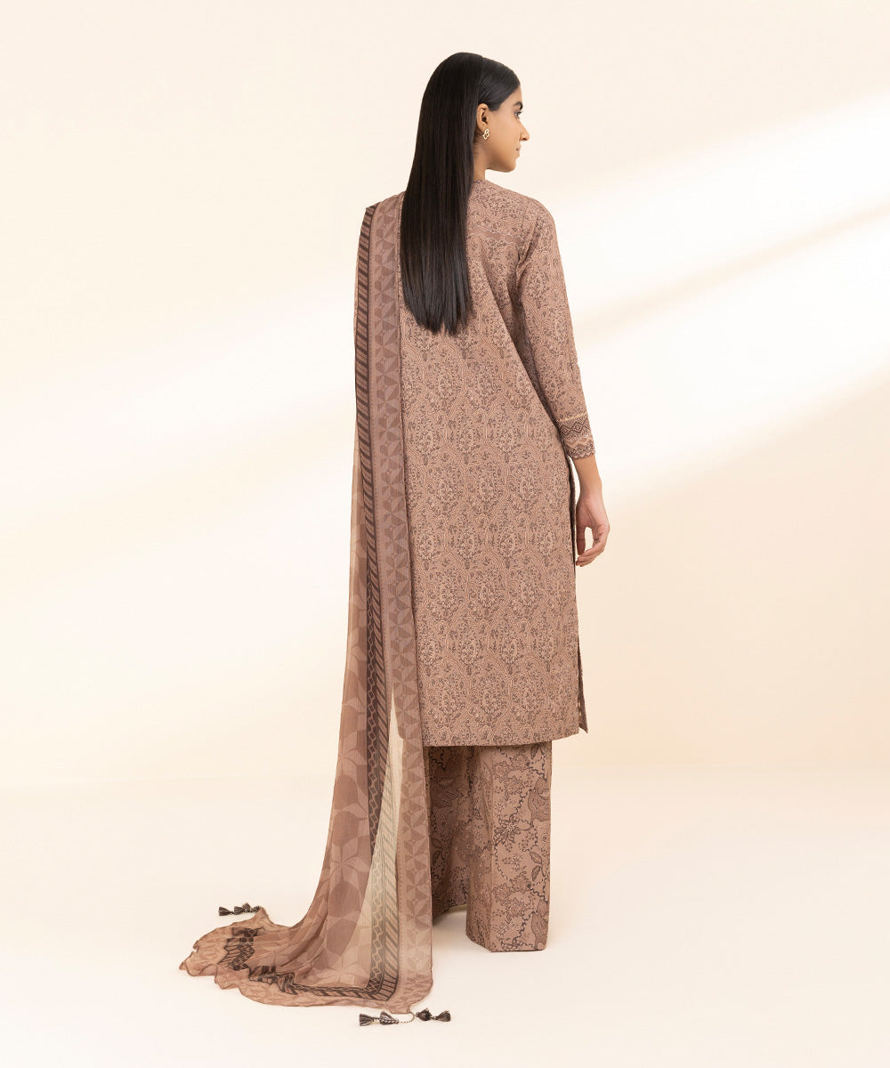 Unstitched Women's Embroidered Lawn Brown Three Piece Suit 