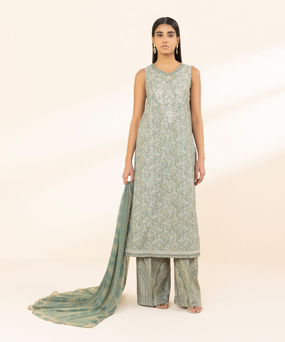 Unstitched Women's Embroidered Lawn Green Three Piece Suit 