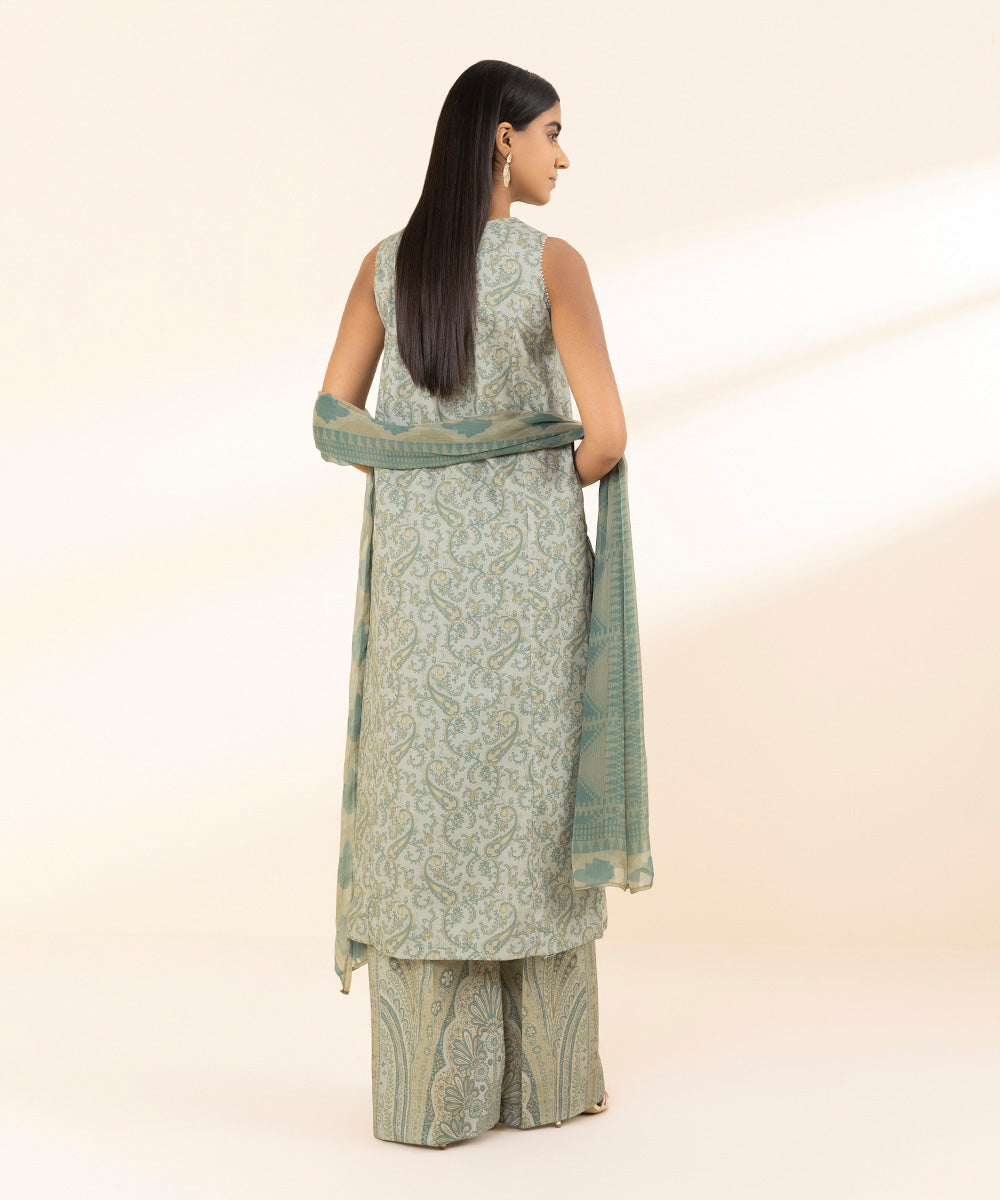 Unstitched Women's Embroidered Lawn Green Three Piece Suit 