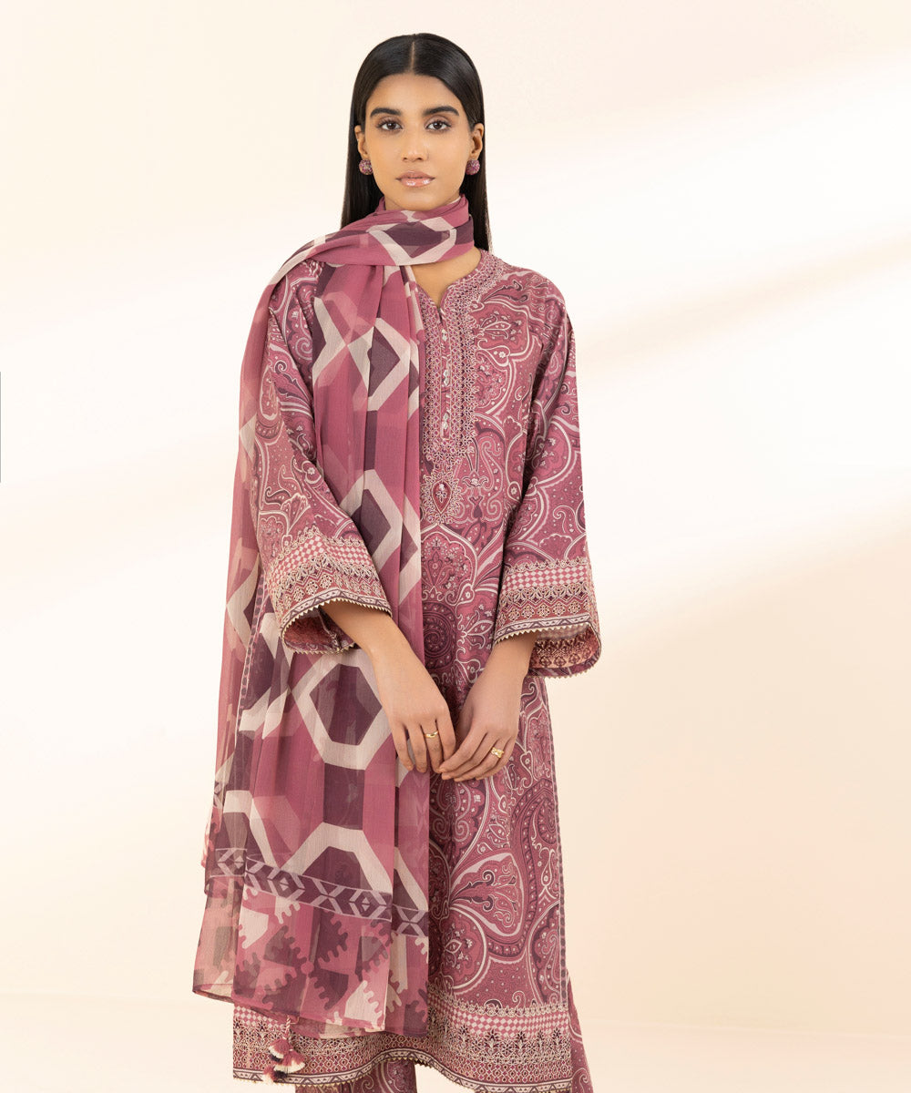 Unstitched Women's Embroidered Lawn Pink Three Piece Suit 