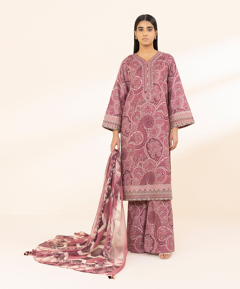 Unstitched Women's Embroidered Lawn Pink Three Piece Suit 