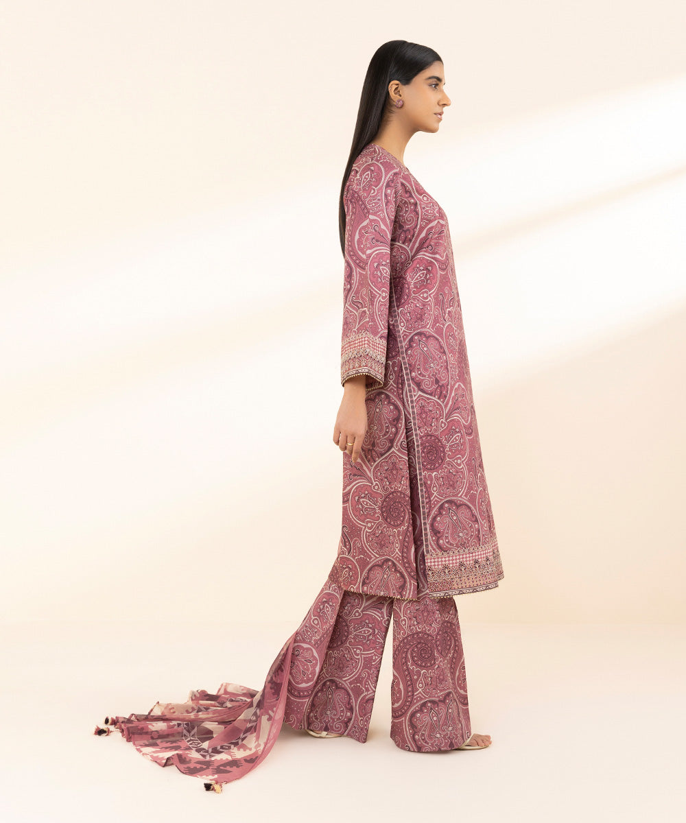 Unstitched Women's Embroidered Lawn Pink Three Piece Suit 