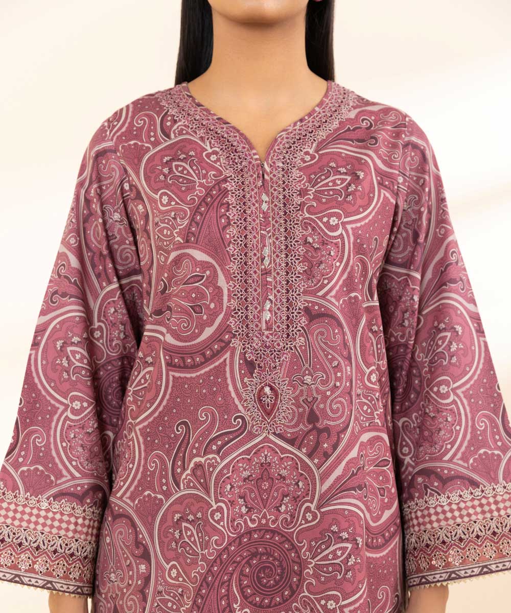 Unstitched Women's Embroidered Lawn Pink Three Piece Suit 